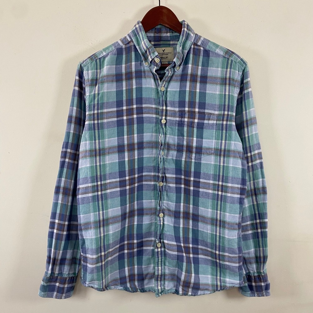 American Eagle Plaid Button Up Mens Medium Cotton Linen Blue Green Flannel - Picture 2 of 8
